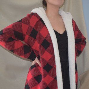 Cozy Sherpa Lined Red And Black Plaid Cardigan
